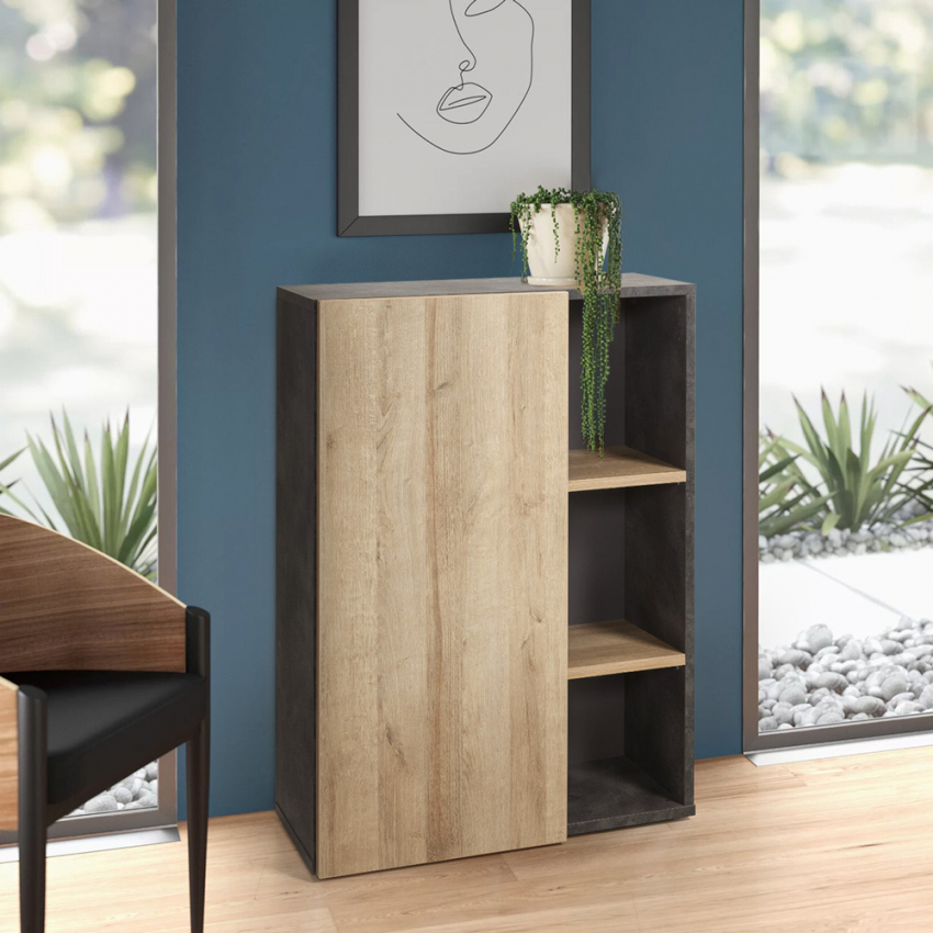Niedriges Bücherregal Grau und Natürliche Eiche 3 Regale Und Tür Design Core