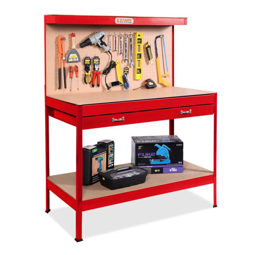 Werkbank mit Lochwand, Schublade, Garage und Werkstatt Max 120x60x150cm