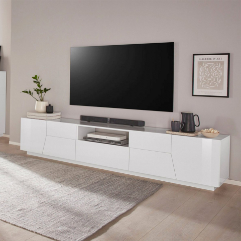 Moderner Wohnzimmer-TV-Schrank Wand 220x43cm weiß glänzend Fergus