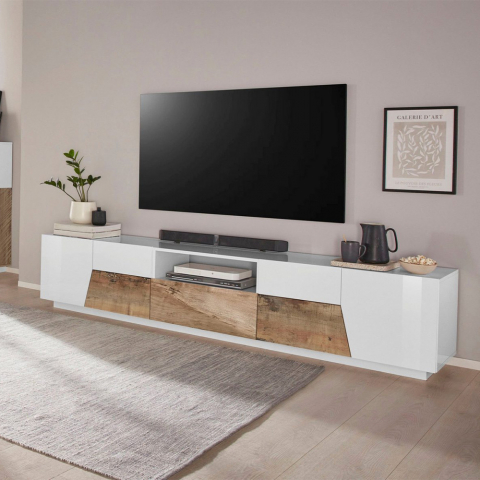 TV-Schrank 220x43cm weiß Holz Wand Modern Wohnzimmer Fergus Wood