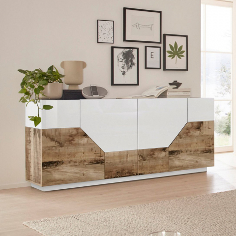 Weißes Holz-Sideboard 4 Fächer 200x43cm Wohnzimmermöbel Küche Hariett Wood Aktion
