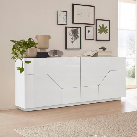 Küchenschrank 200x43cm für Wohnzimmer, 4 Fächer, Weiß Hariett Aktion