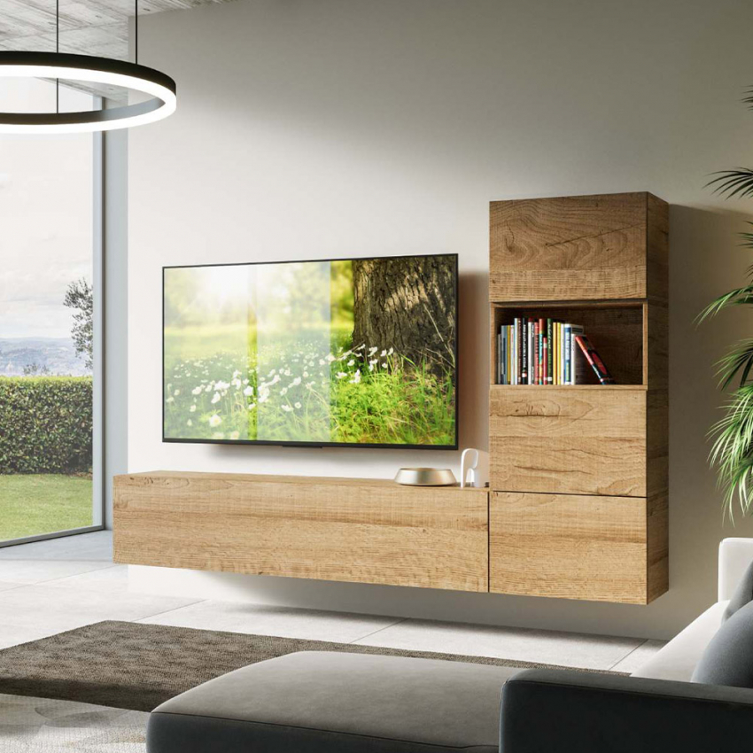 Wohnwand mit TV-Halterung, 3 Hängeschränke, modernes Holzdesign A09 Aktion Wohnwand mit TV-Halterung, 3 Hängeschränke, modernes Holzdesign A09 Aktion