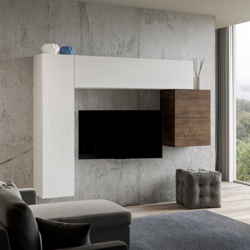Moderne Wohnwand mit 4 Hängeschränken in weißem Holz A25 Aktion Moderne Wohnwand mit 4 Hängeschränken in weißem Holz A25 Aktion