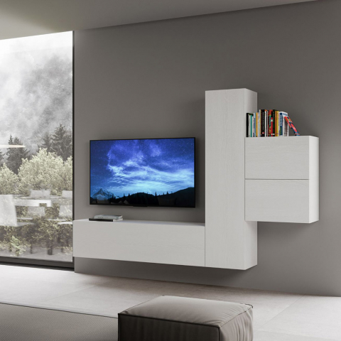 Wohnzimmer TV-Ständer 4 Hängeelemente Holz weiß modern A17 Aktion
