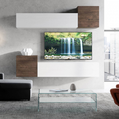 Wandregal mit 4 hängenden Schränken für TV, Wohnzimmer, weißes Holz A37 Aktion