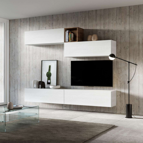 Moderne Wohnwand TV-Halterung hängend Weißholz A01 Aktion