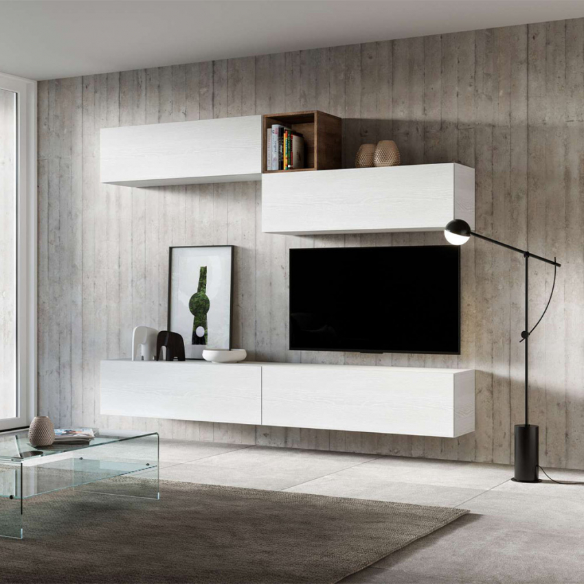Moderne Wohnwand TV-Halterung hängend Weißholz A01 Aktion