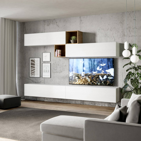Wohnwand hängend, TV-Halterung, 4 Hängeschränke, weißes Holz A110 Aktion