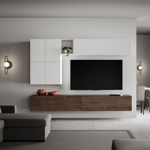 Moderne Hänge-Wohnwand TV-Schrank weiß Holz A16 Aktion