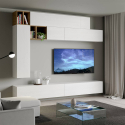 Moderne Wohnwand mit schwebendem TV-Schrank, Weiß-Holz, Modell A106 Aktion