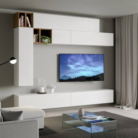 Moderne Wohnwand mit schwebendem TV-Schrank, Weiß-Holz, Modell A106 Aktion