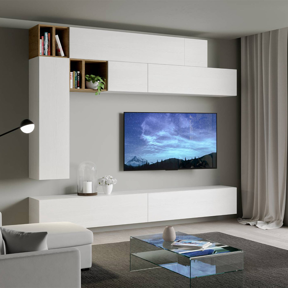 Modernes Wohnzimmer wandmontierter TV-Ständer weißes Holz A106