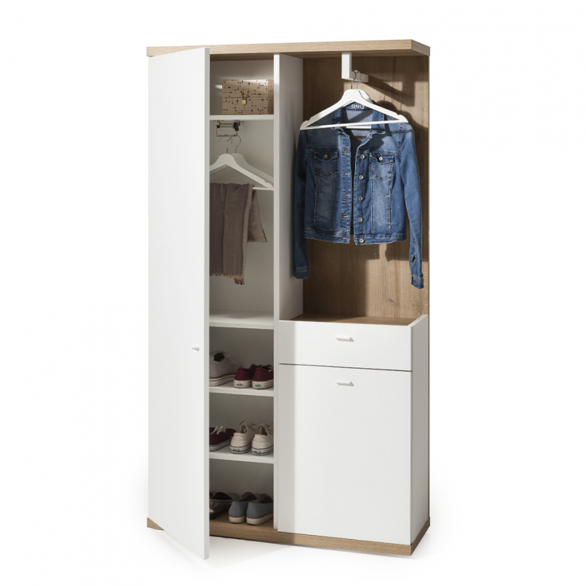 Kleiderschrank mit Garderobenständer und Schuhschrank Glänzend Weiß und Eichenholz Kleiderschrank mit Garderobenständer und Schuhschrank Glänzend Weiß und Eichenholz