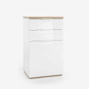 Schubladenschrank Weiß Glänzend mit 2 Schubladen 1 Tür Sockel aus Naturbelassen Eichenholz