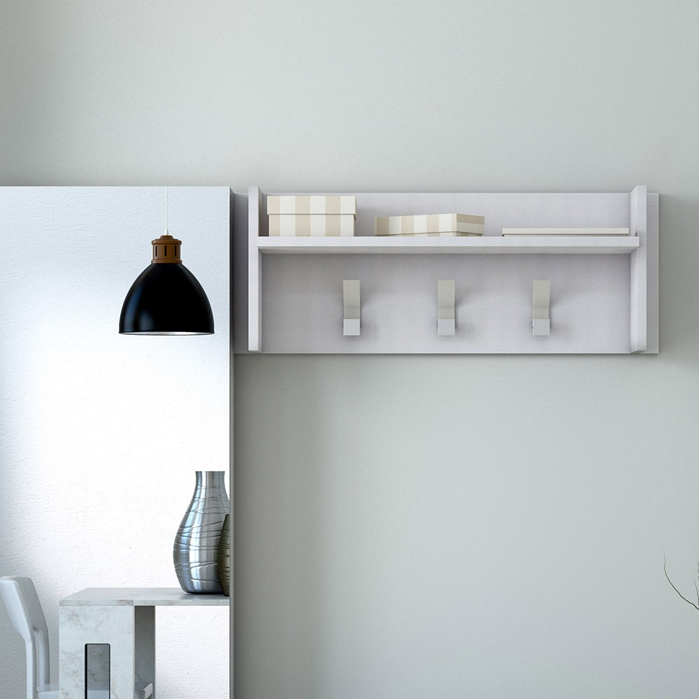 Moderner Wandgarderobe Eingangsbereich, Weiß, 3 Haken, Ablage