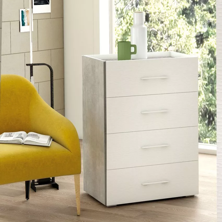 Moderne Kommode für Schlafzimmer, 4 Schubladen, grau-weißes Design Aktion Moderne Kommode für Schlafzimmer, 4 Schubladen, grau-weißes Design Aktion