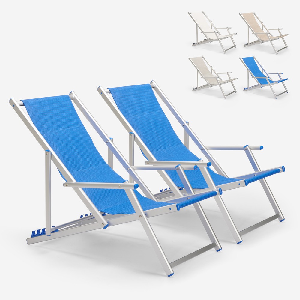 2er Set Strandliegen Liegestühle Sonnenliegen mit Armlehnen aus Aluminium Riccione Gold Lux