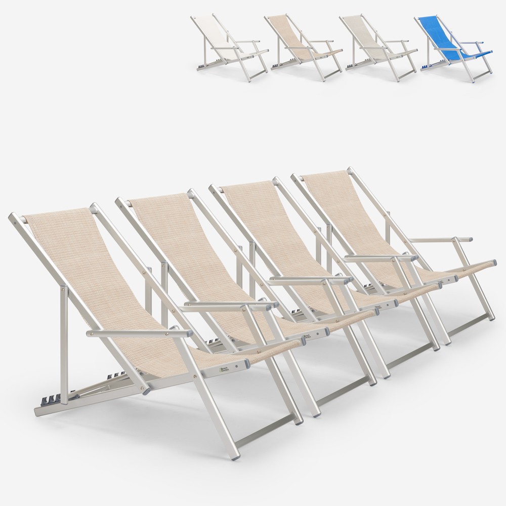 4 Liegestühle Strand Strand Armlehnen Aluminium klappbar Riccione Gold Lux